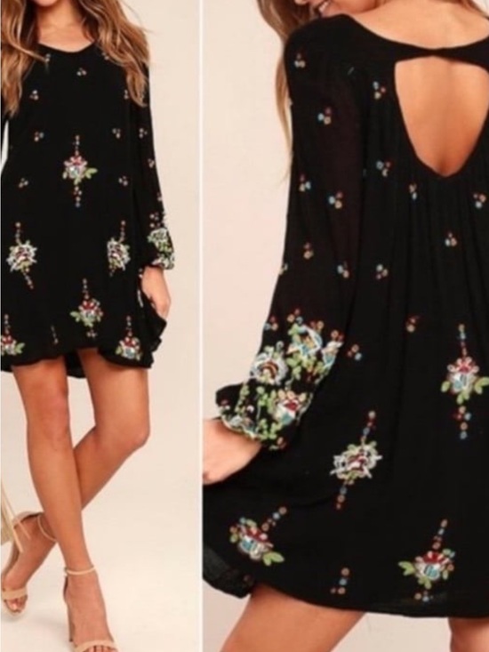 Free People Dresses & Skirts - Free People Black Mini Dress with Multicolor Floral Embroidery and Open Back